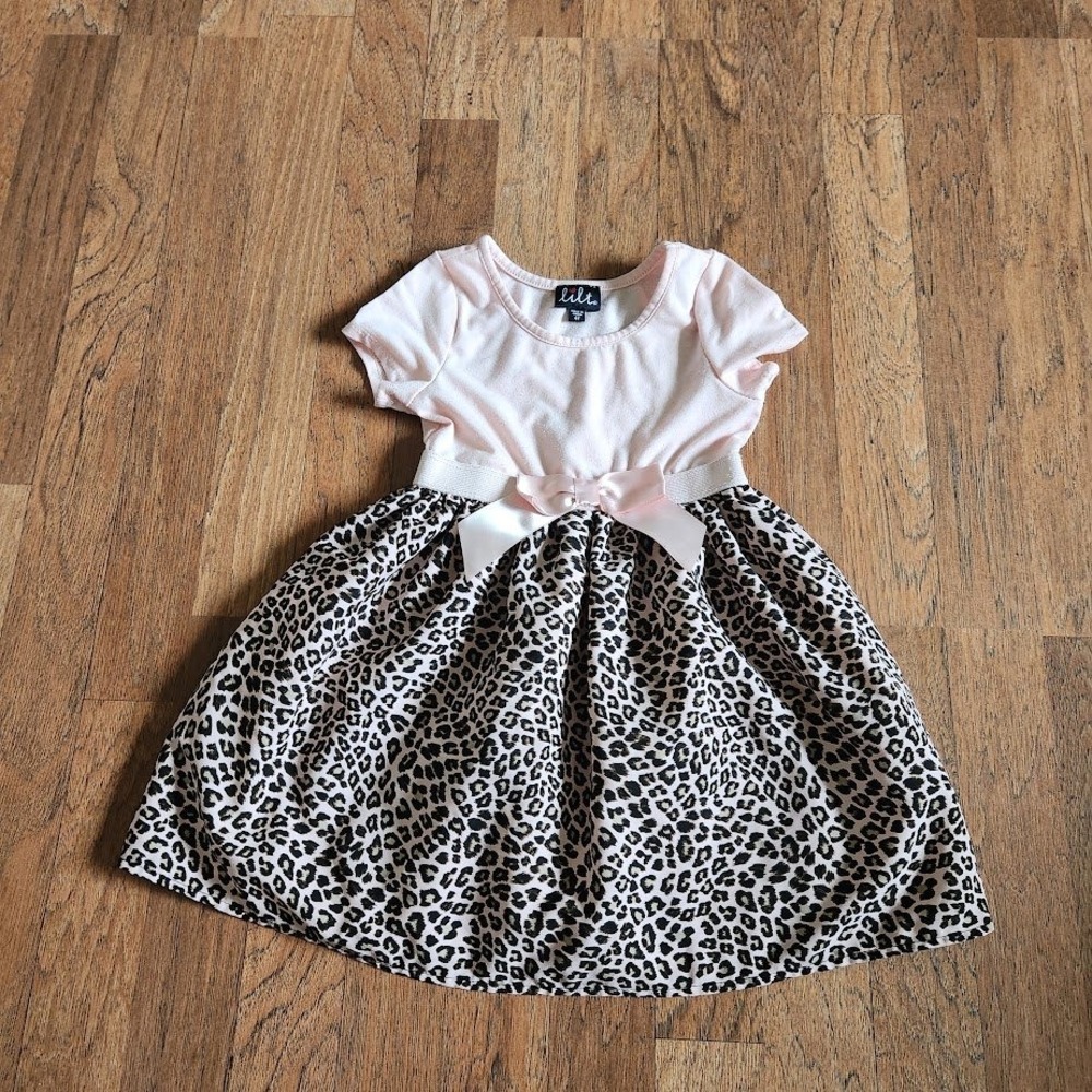 Lilt Girls Pink Leopard Print Short Sleeve Bow Waist Tulle Lined Dress 6X 604